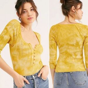 Y2K Free People XS Button Hanley Top 3/4 Sleeve Gold‎ Yellow Pointelle Coquette